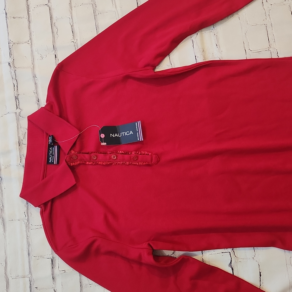 NWT Nautica Girls Red Uniform School Polo Long Sleeve Shirt, 12/14